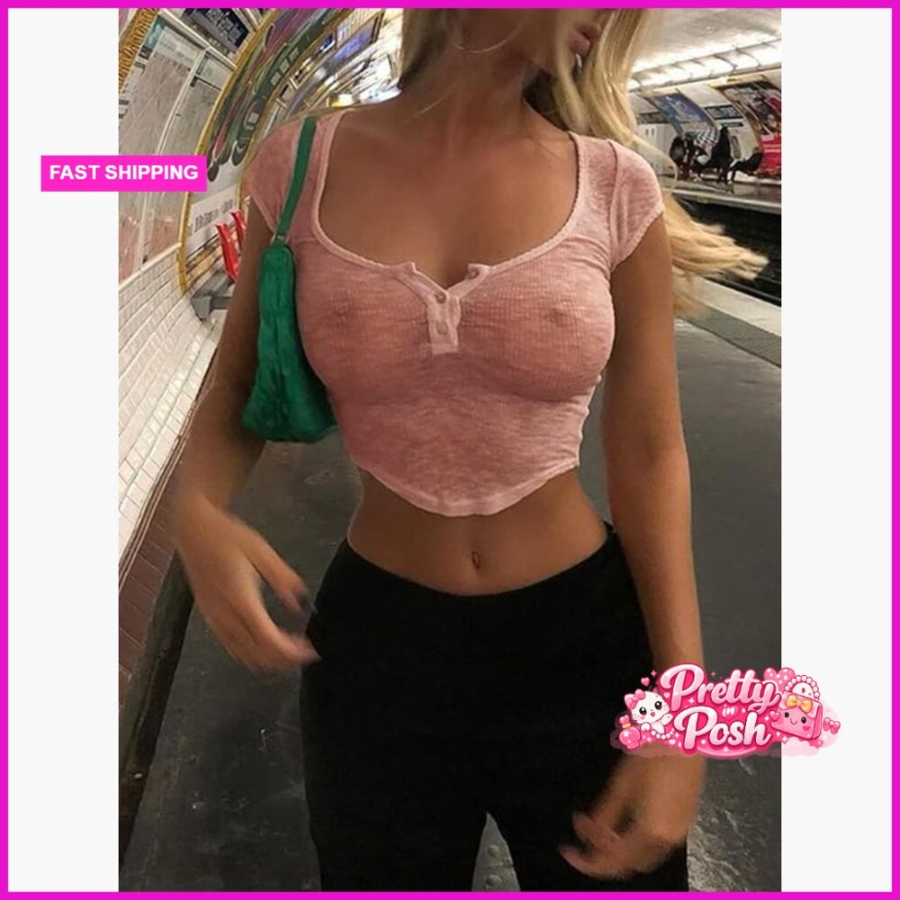 Polyester See Through Crop Top Button Front Squar… - image 2